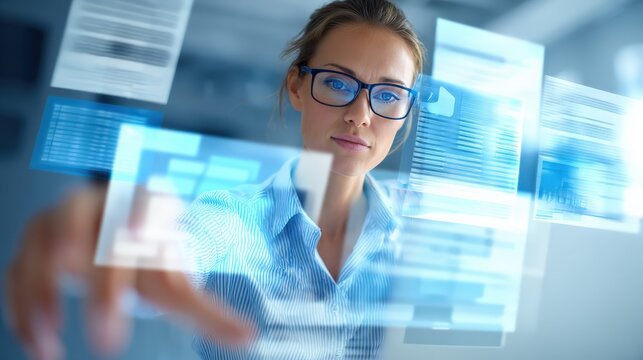 A focused woman interacts with digital displays, showcasing modern technology and data visualization in a professional setting. - Powered by Adobe