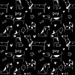 A seamless of cartoon dogs in various poses, hand-drawn in line art style.