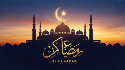 Eid Mubarak Greeting Card with Mosque Silhouette at Sunset
