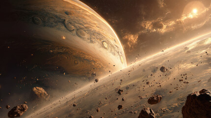 Space background with colorful nebula Galaxy Cloud. Bright galaxy shimmering neon blue purple colors with distant stars. Mysterious alien star system purple green planets orbiting a bright glowing sun