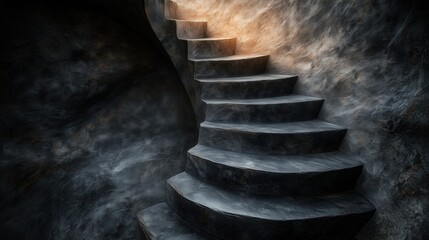 Spiral staircase in an old, gry environment.