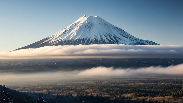 Snowy mountain peak above clouds and forest landscape - Powered by Adobe