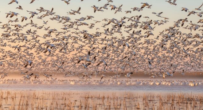 Flock of birds migrating at dawn over water with fog and reeds.