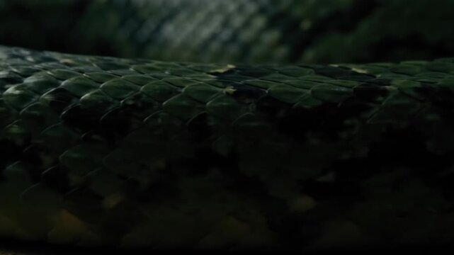 Extreme Macro Close-Up of Dark Green Python or Serpent Scales. Detailed Texture and Pattern of Reptilian Skin Surface.