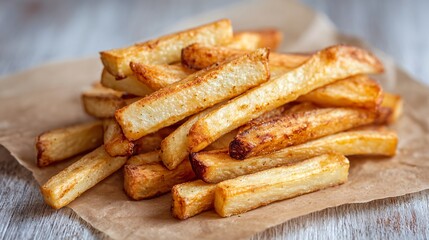 Oven-baked parsnip fries stacked casually on parchment paper, crisp texture visible, clean studio lighting, modern healthy comfort food concept