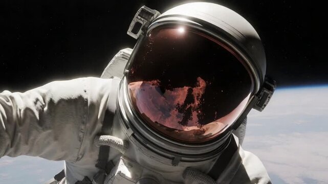Astronaut's view from space orbiting Earth with sun reflection on visor