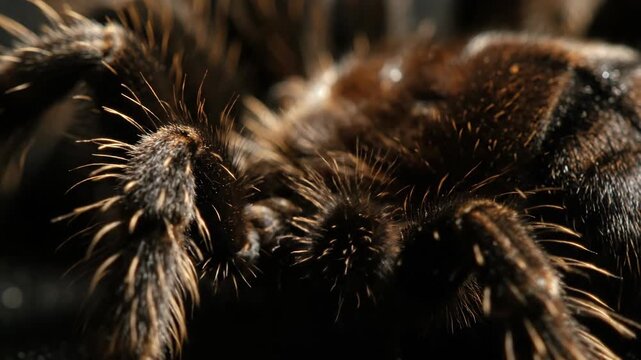 Extreme Macro Close-Up Shot of a Hairy Brown Tarantula's Body and Legs Against a Dark Background, Showcasing Detailed Fur and Texture