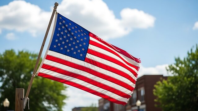 American flag waving on a pole outdoors with trees and buildings usa flag stars and stripes flagpole