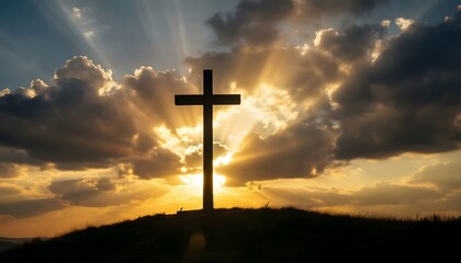Good Friday Christian Cross Silhouette with Divine Sun Rays at Sunset Sky.