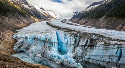 Glacier view with mountains in background on cloudy day