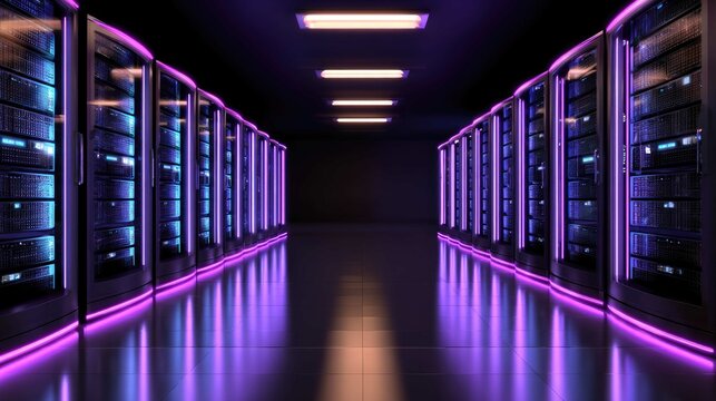 Dark, symmetrical server room hallway with neon purple and blue lighting