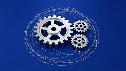 Silver gears on blue background with white circular lines mechanical machinery industrial