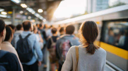 Crowded train platform filled with commuters waiting during rush hour, people standing close together, urban transportation scene, daily routine, motion blur atmosphere, public transit pressure and