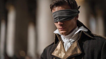 Law and ethics are visually expressed through blindfolded justice, reinforcing accountability, neutrality, and moral responsibility. cinematic color correction, natural uneven lighting yet gentle