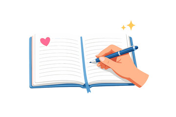 Hand writing in a journal with a pink heart on the page