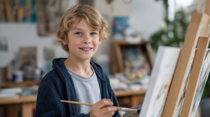 An enthusiastic child holding a paintbrush, proudly displaying their colorful artwork on an easel in an art studio, emphasizing creativity and self-expression in a vibrant and inviting environment.