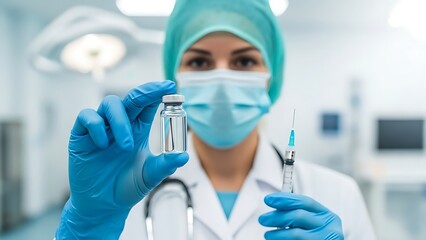 A medical professional in protective gear holds a vaccine vial and syringe, ready for administration in a sterile environment