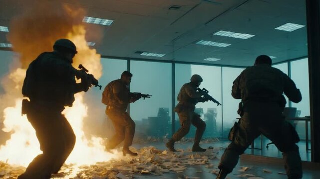 Armed security personnel in a burning, debris-strewn office building