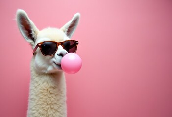 Obraz premium Alpaca wearing sunglasses is blowing a pink bubblegum bubble against a solid pink background, creating a playful and whimsical atmosphere for fun and creative imagery