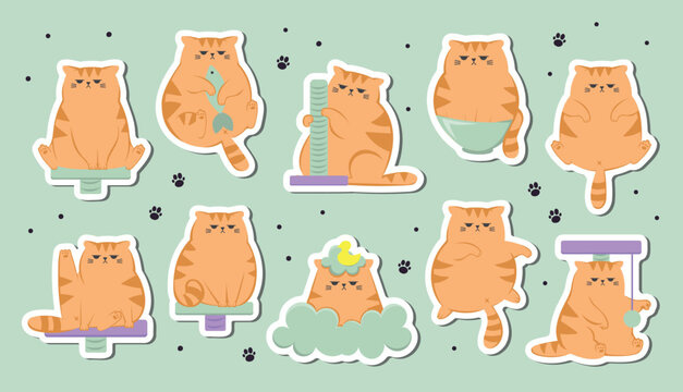 The collection stickers with  of cute funny grumpy ginger cat. Cats sitting, sleeping and playing with cats house. Cute funny cartoon cat character in different poses.