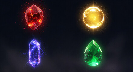 Naklejka premium Set of 4 elemental magic crystals containing fire light lightning and nature gems isolated on dark background.