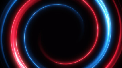 An abstract digital art piece on a black background features a central circular shape formed by glowing curved lines—red on the left, blue in the center—creating depth, dimension, and a futuristic aes