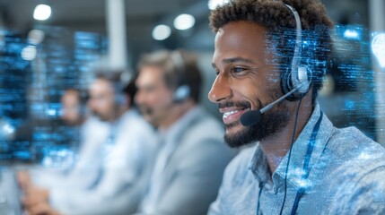 A focused customer service representative smiles while wearing a headset, with blurred colleagues in the background and digital effects overlaying the scene.