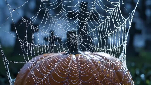 Delicate spiderweb glistening with morning dew intricately woven across a vibrant orange flower petal against a dark natural background a symbol of beauty and resilience