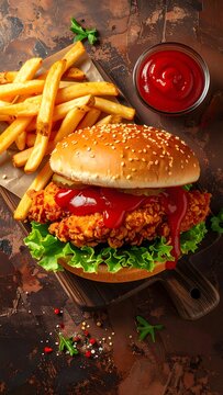 A mouth-watering crispy fried chicken burger with fresh lettuce, pickles, and golden french fries