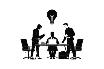 Business team discussing ideas in a modern office setting with a light bulb above