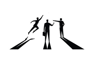 Businessman jumping between two paths with help from a colleague business man