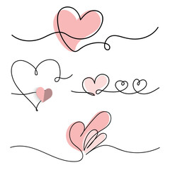 Heart drawn with continuous lines. A collection of isolated and minimalist hearts.