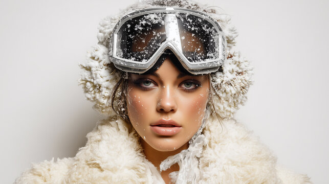 A beautiful model wearing ski goggles and a sheepskin coat, with snow on her head, against a white background.