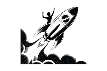Black and white illustration of a person riding a rocket into space with arms raised