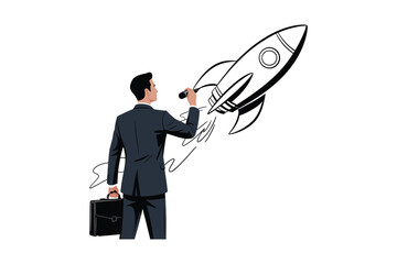 Businessman launching a rocket with marker in hand standing with briefcase launch