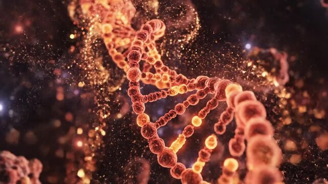 Glowing DNA double helix structure in space with particles