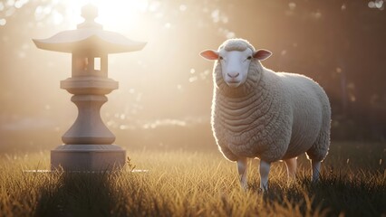Sheep standing next to stone lantern in sunny field with green grass
