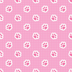 Kawaii pink paw print seamless pattern. Seamless pet paws on grid
