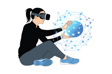 Woman wearing virtual reality headset interacting with digital globe and network connections
