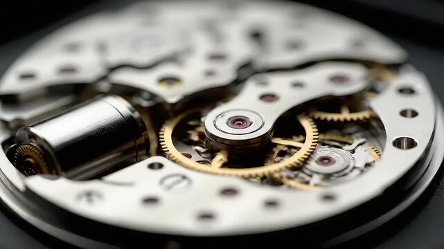 Intricate Mechanical Watch Movement Ticking in Macro View.