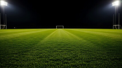 Green grass soccer field at night with floodlights and goals nighttime