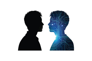 Human and artificial intelligence facing each other in profile silhouettes machine learning