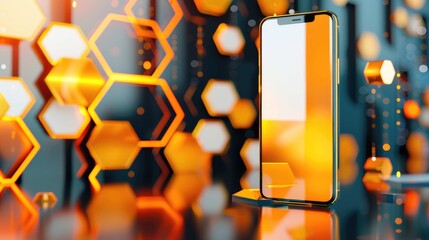 Futuristic smartphone with a glowing gold design, surrounded by abstract geometric shapes