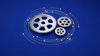 Silver gears on blue background with white dotted lines mechanical machinery