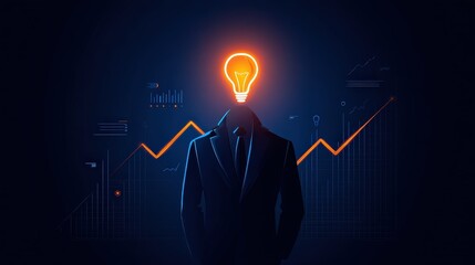 A faceless figure in a suit with a glowing light bulb for a head, symbolizing ideas and innovation against a backdrop of rising graphs.