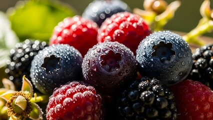 Close-up of fresh mixed berries with water droplets blackberries raspberries