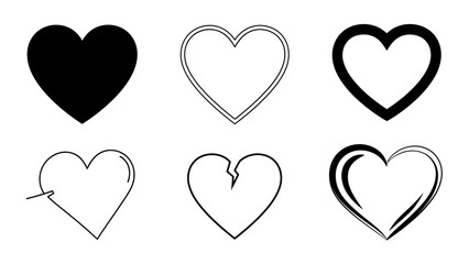 Set of various heart symbols and icons representing love and emotion.