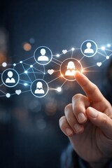 A digital hand interacts with social network icons, symbolizing connection and communication in a modern, tech-driven world.