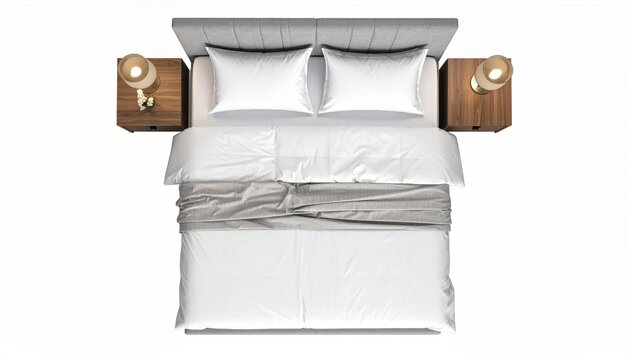 Top view of a stylish bedroom featuring a double bed with white linens and wooden nightstands, perfect for modern interior design concepts.