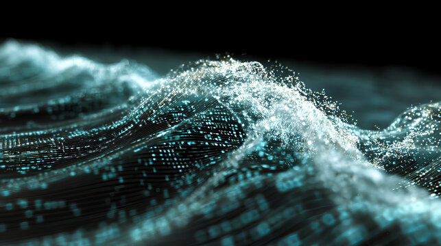 Abstract gradient particle waves seamlessly flowing with soft purple light and bokeh. Orange and blue digital waves. Technology, engineering, science, and artificial intelligence background - Powered by Adobe